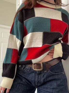 Patchwork Crewneck Sweater in Red, Teal, Black & Cream